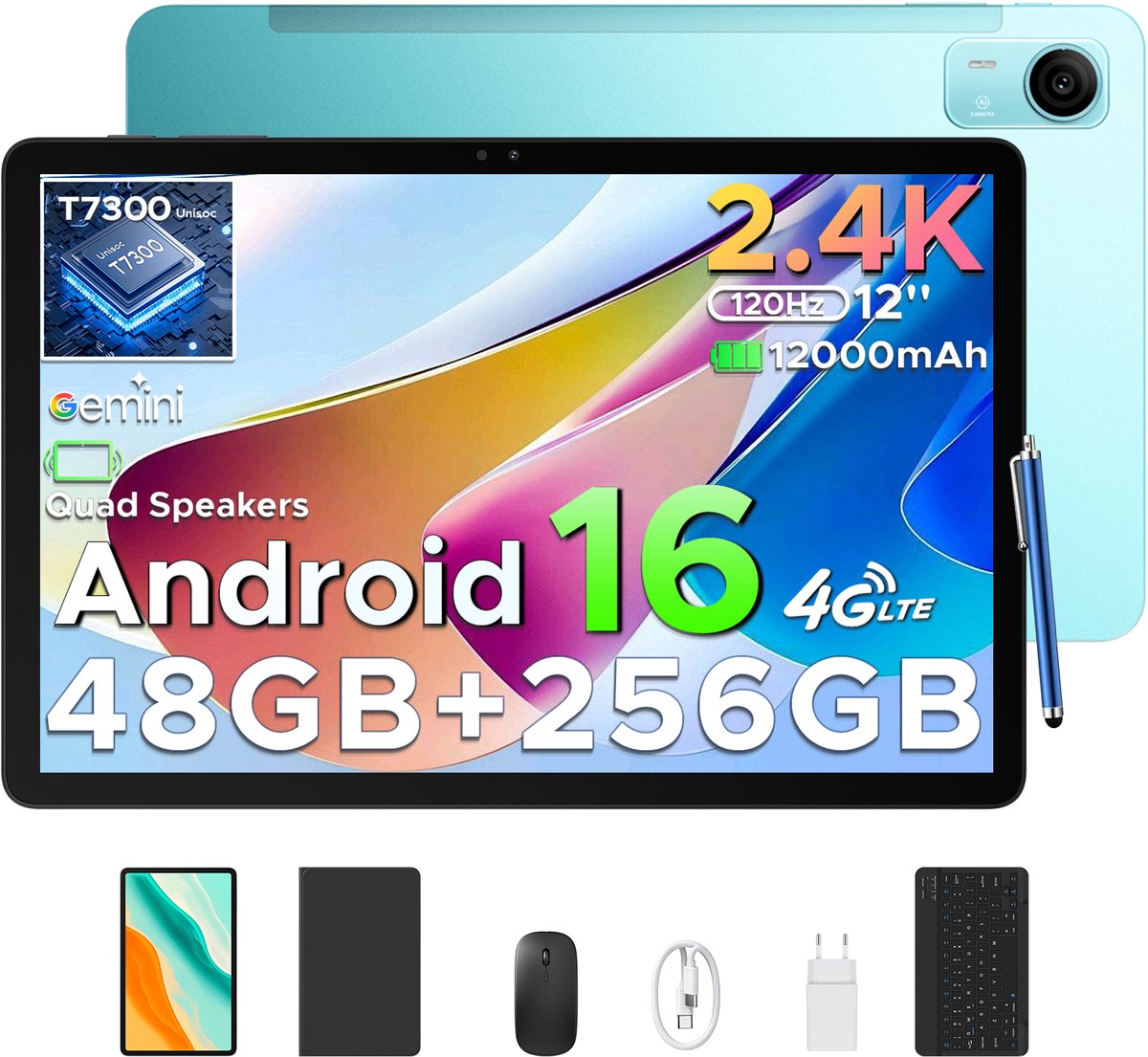 POCKAM P12 Pro - Tablet - 48GB RAM (12+36GB) + 256 GB ROM (2 TB/TF) - 12 Inch 2K 120Hz IPS - Android 16 - 12000mAh/18W - 4G LTE - Wi-Fi 5 - Bluetooth 5.0 - T7300 - Quad Speakers - Volledige accessoirebundel met toetsenbord en stylus-Blauw