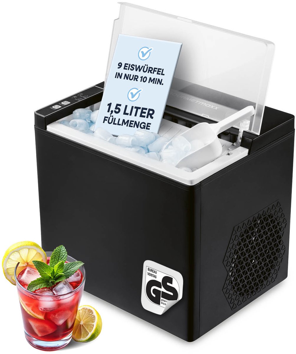 GOURMETmaxx ijsblokjesmachine 150 watt voor kamperen en meer – geen wateraansluiting nodig | IJsblokjesmachine voor thuis | IJsblokjesmachine incl. opvangbak & ijsschep | 12 kg per dag
