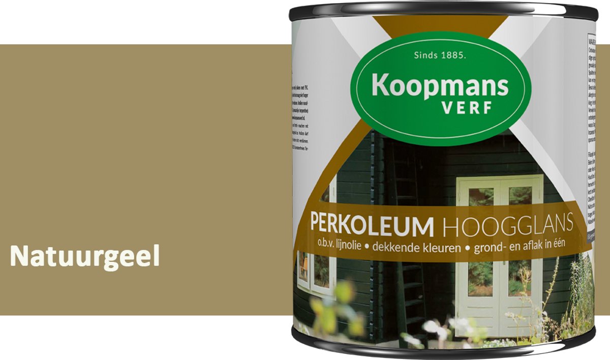 Koopmans Perkoleum Hoogglans Dekkend – Natuurgeel – 2,5 l – Dekkende Beits Buiten – Schutting, Gevel & Tuinhout