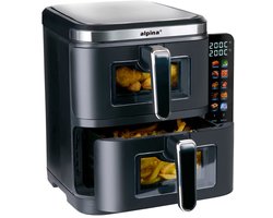 alpina Dubbele Airfryer XXL - Air Fryer 11L - Heteluchtfriteuse met 2 Manden - Duo Oven voor 8 Personen - Opvouwbaar Display - Timerfunctie tot 60 Minuten - Temperatuur 60-200°C - Zwart