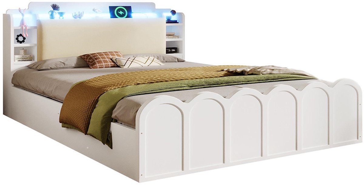 KOMHTOM Paneelbed, 140 x 200 cm, hydraulisch systeem, met USB Type-C-oplaadfunctie, LED-verlichting, bediening via drukknop/app, zonder matras, opbergvak met klep, multifunctionele opbergruimte, wit