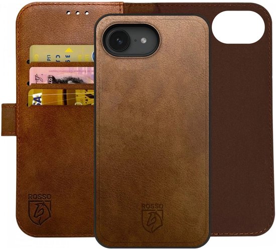 Element Rosso adapté à iPhone 16 Apple | Étui amovible 2 en 1 | Portefeuille de Luxe | Couverture arrière et étui de livre | Porte-cartes | Marron
