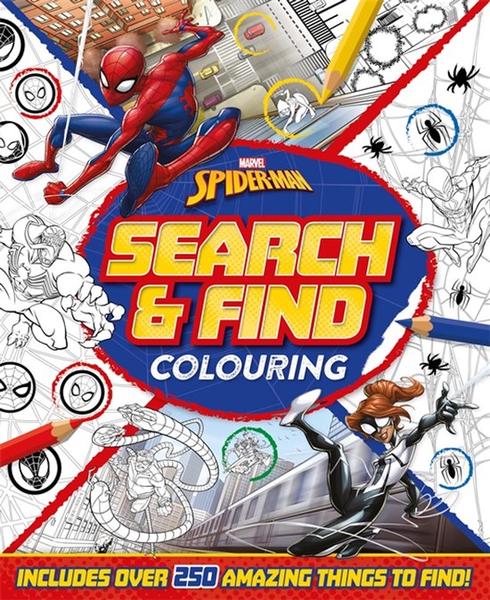 Marvel Spider-Man: Zoek & Vind Kleurboek, met Spiderman, Venom en meer personages om in te kleuren.
