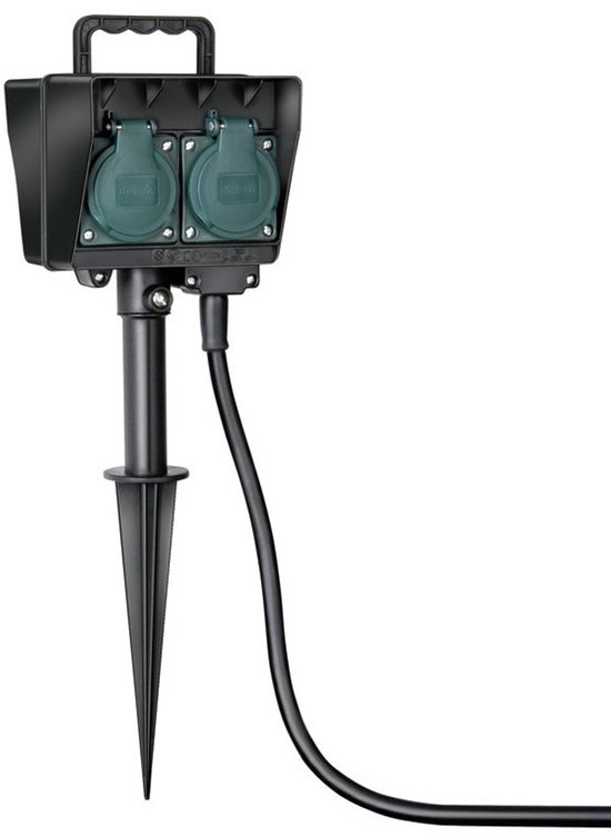 Brennenstuhl stekkerdoos buiten, Buitenstopcontact 4-voudig met grondpen, weerbestendig kunststof (waterdichte behuizing - 1,4 m kabel), zwart