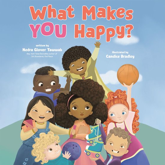 Boekcover 'What Makes YOU Happy?' met vrolijke, diverse kinderen in heldere kleuren. Tekst: 'What Makes YOU Happy?'.