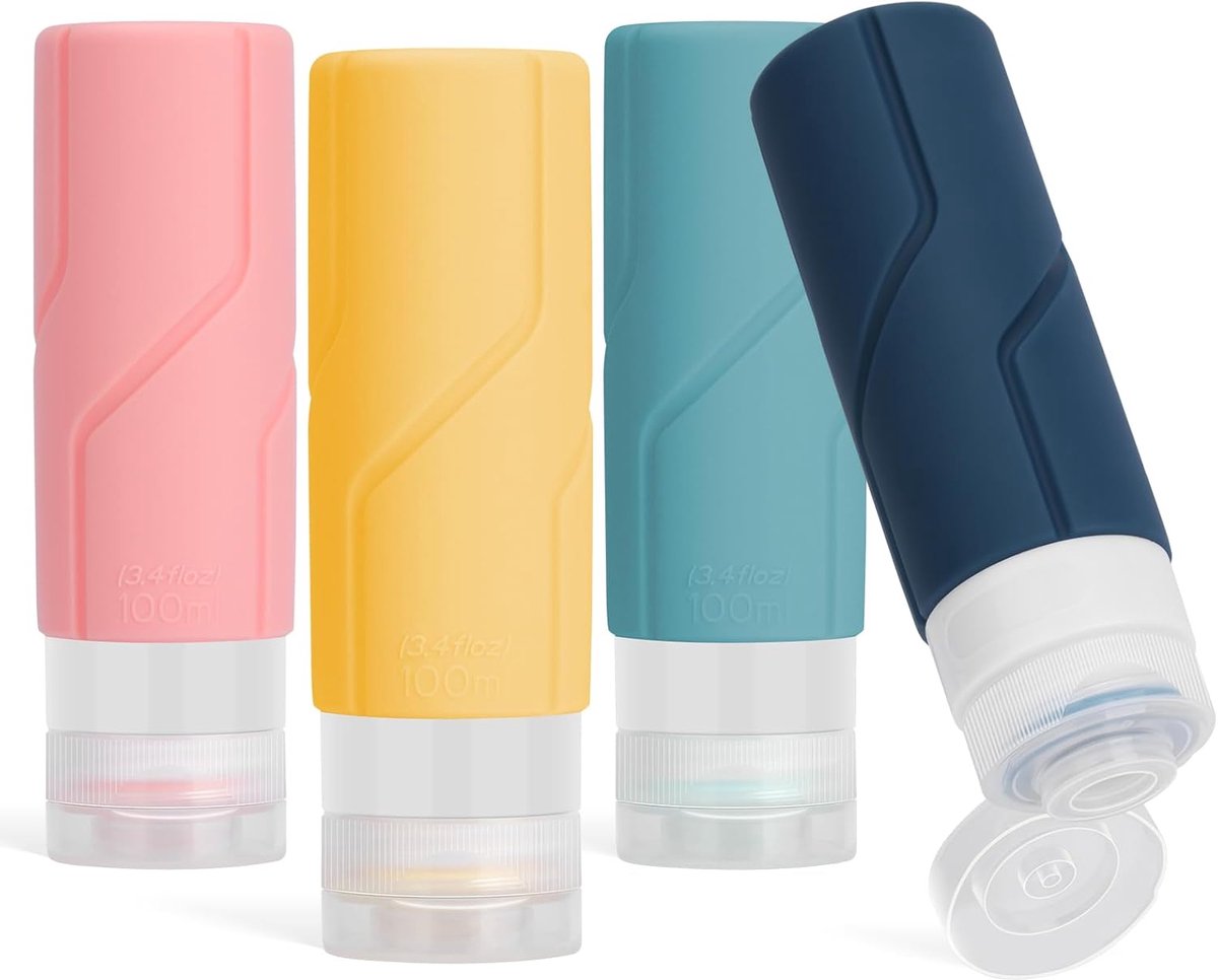 Set van 4 siliconen reisflessen van 100 ml [navulbaar en lekvrij] - kleine lege flesjes, perfect voor shampoo, lotion, cosmetica, enz. - Nieuwe set siliconen doseerflessen