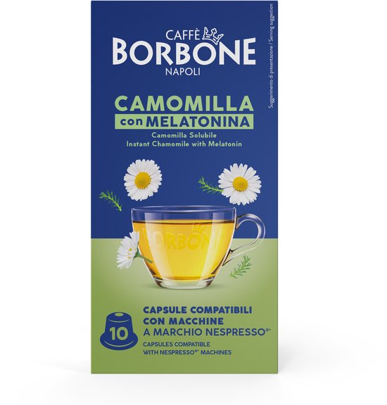 Borbone Camomilla met melatonine verpakking, met 10 capsules en een kopje kamillethee.