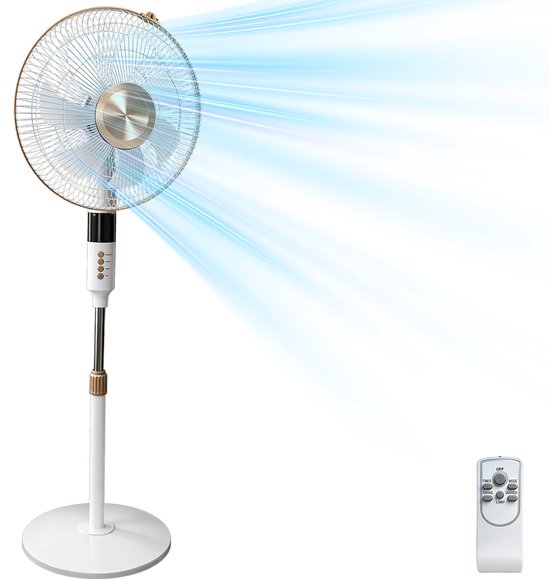 Staande ventilator 60W stil 53dB met afstandsbediening, timer, 3 snelheden, verstelbaar 110-125 cm, wit