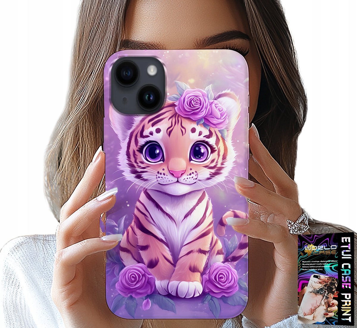 iPhone 15 hoesje - schattige tijger op een roze achtergrond + glas