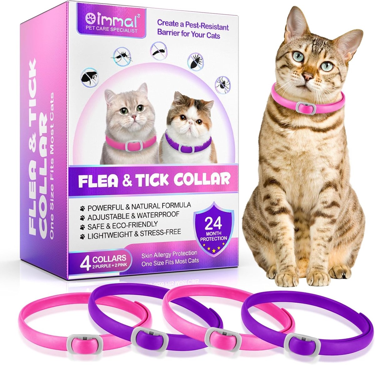 Halsband Kat 4 stuks – Kattenhalsband Natuurlijk – Waterbestendig – Verstelbaar – Geschikt voor Alle Kattenrassen – Paars/Roze