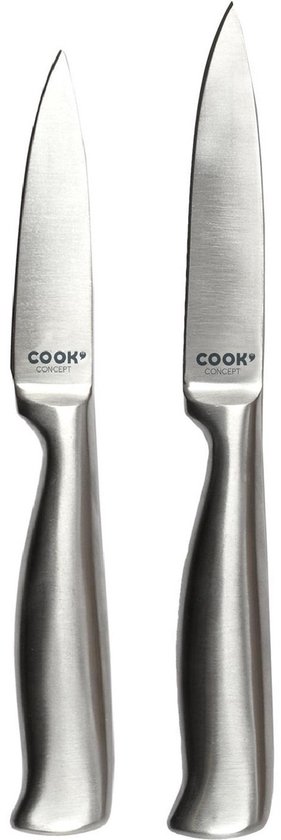 Twee zilverkleurige schilmessen met ergonomische handvatten, merk Cook Concept.