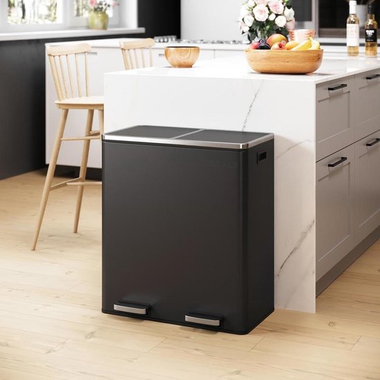 Songmics - Prullenbak - 60 Liter Inhoud (2x30) - Met 2 Gescheiden Bakken - RVS - Zwart
