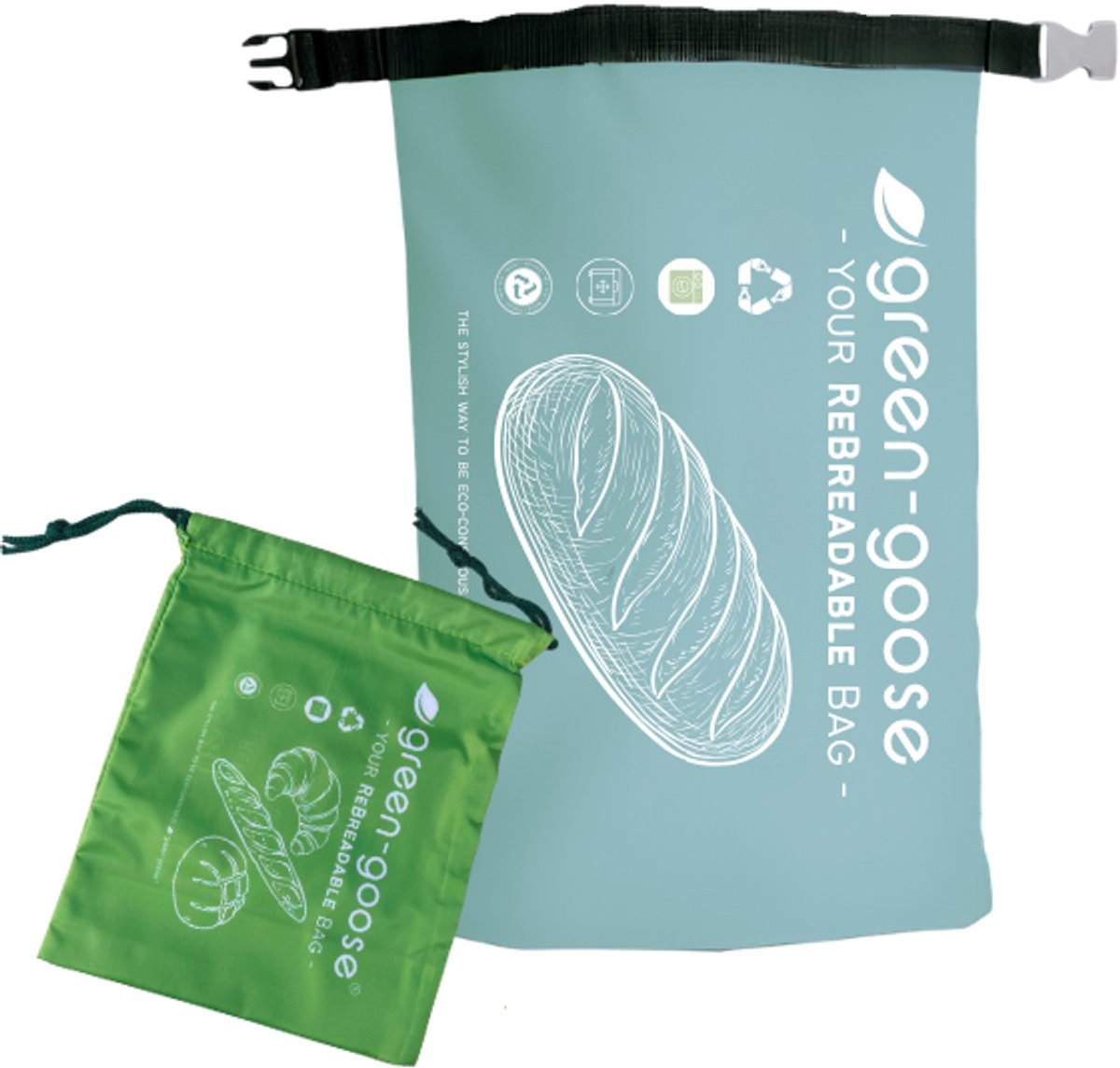 green-goose® Herbruikbare Broodzak Set - 42x28cm - 25x20cm - Gemaakt van 100% Gerecyclde PET Flessen - Broodzakken voor (Zelfgemaakt) Brood, Broodjes - Diepvriesbestendig - Wasmachine Wasbaar