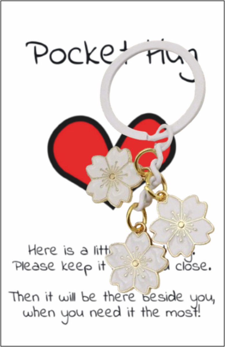 Pradeo - Bloemetjes - Sleutelhanger - Gelukshanger - Hangertje - Bloemen - Flowers - Key Chain - Pocket Hug - Klein Cadeau / Geschenk - Met Kaartje Met Tekst - Wit