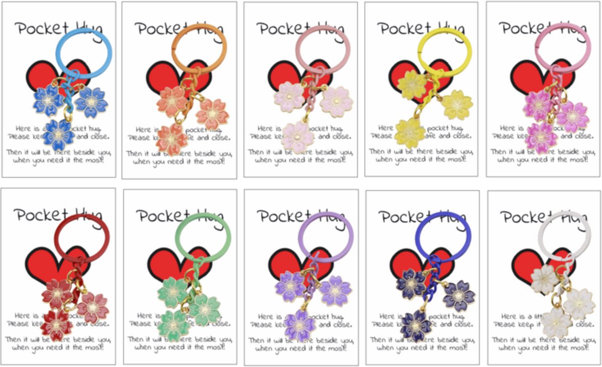 Pradeo - Bloemetjes - Sleutelhanger - Gelukshanger - Hangertje - Bloemen - Flowers - Key Chain - Pocket Hug - Klein Cadeau / Geschenk - Met Kaartje Met Tekst - 10 Kleuren