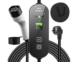 Draagbare EV Thuislader Type 2 | 3,6 kW | 5m Kabel | Schuko Stekker | Instelbare Laadstroom (8A/10A/13A/16A) | LCD Display | 1-Fase | Waterbestendig | Inclusief Opbergtas | Voor Elektrische Auto