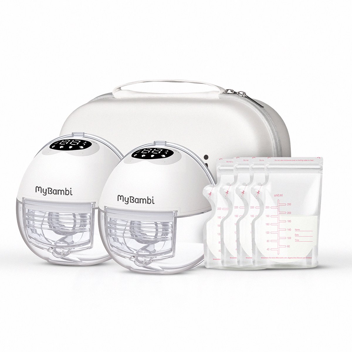 MyBambi BabyCare - Handsfree Borstkolf - Elektrische Draadloze Borstkolf – Dubbele Borstkolf - Draagbaar - BPA vrij - 180ml - Met 60 Moedermelk bewaarzakjes, Reistas, Tepelmaat meter & Borstschildverkleiners