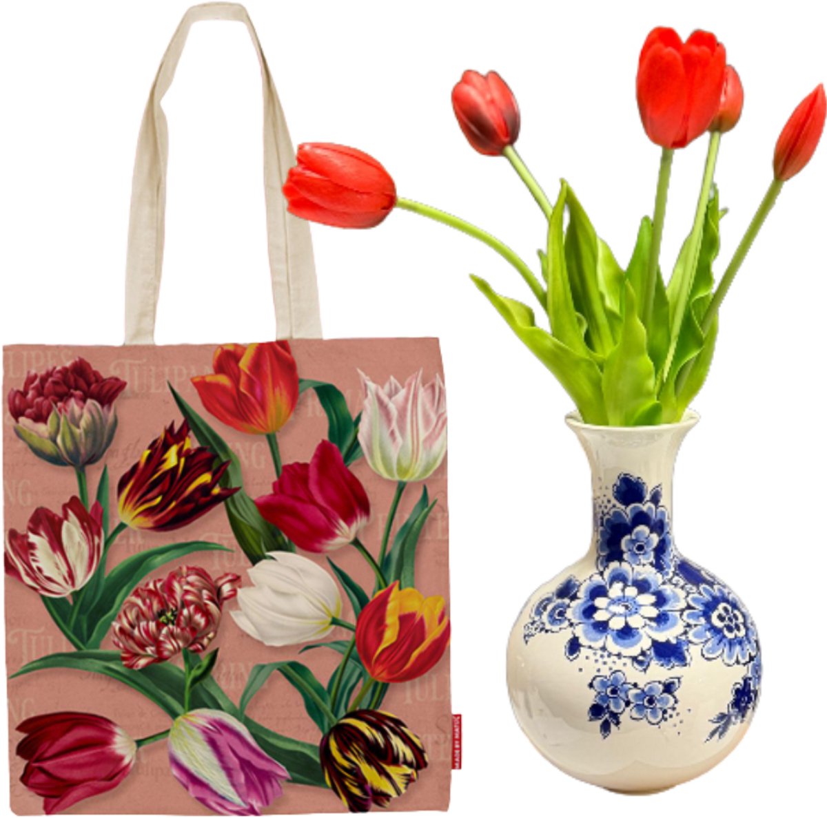 Delfts blauw vaas - 20 cm - Incl. kunst Tulpen - Geschenkverpakking Tas - Hollandse cadeautjes - Holland souvenir