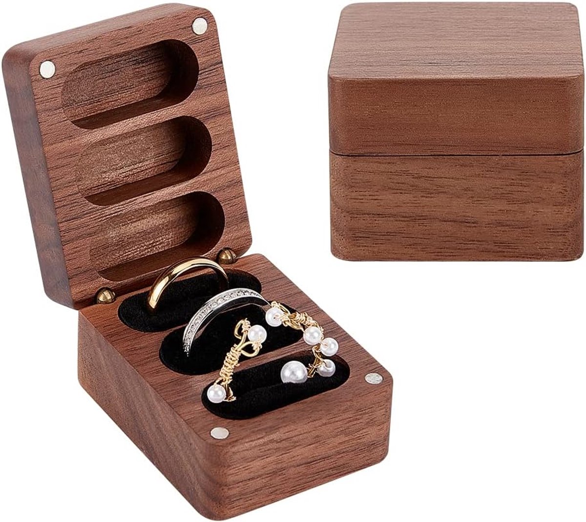 Houten Ring Doos - Sieraden Houder - Bruiloft Presentatie - Drie Vakken Binnenkant - 6.2 x 3.6 x 3.6 cm