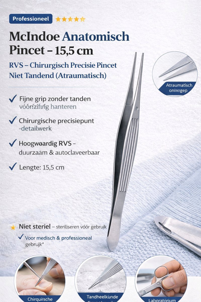 Belux Surgical Instruments / McIndoe Anatomisch Pincet – 15,5 cm – RVS – Chirurgisch Precisie Pincet – Niet Tandrend (Atraumatisch)