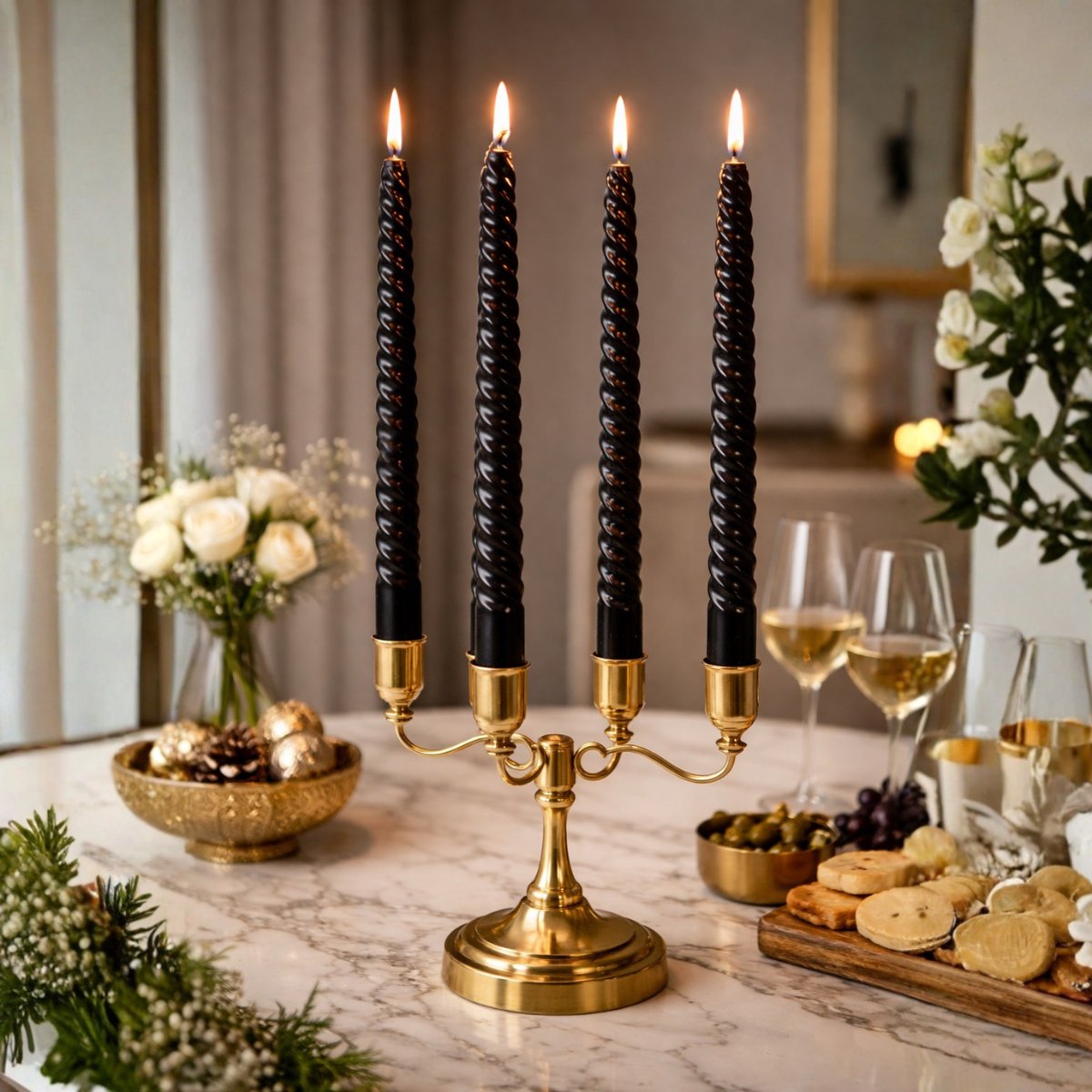 Arti Casa gedraaide dinerkaarsen - set van 4 stuks - kleur zwart - ongeparfumeerd - moderne twisted look - sfeervolle tafeldecoratie - hoogte 25 cm - gemaakt van wax voor binnen
