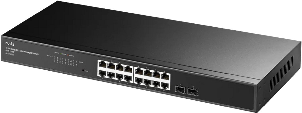 16-Port Gigabit Light Managed Switch – 16 RJ45 Poorten – 2 SFP Slots – 19 Inch Rackmount – VLAN – QoS – PoE Optioneel