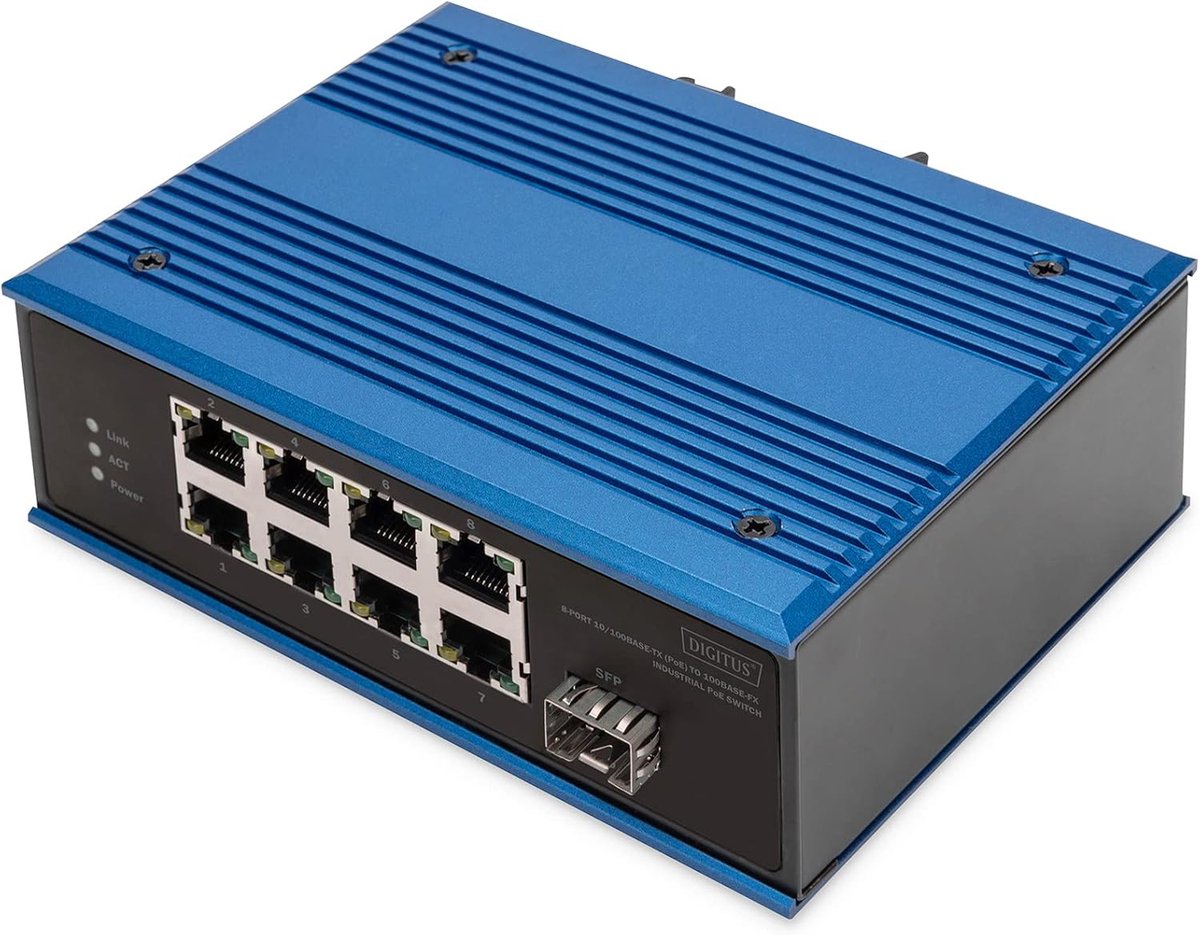 Netwerk Switch - Ethernet Hub - Industriële Omgevingen - DIN Rail Montage - 9 Poorten 100 Mbps - Blauw