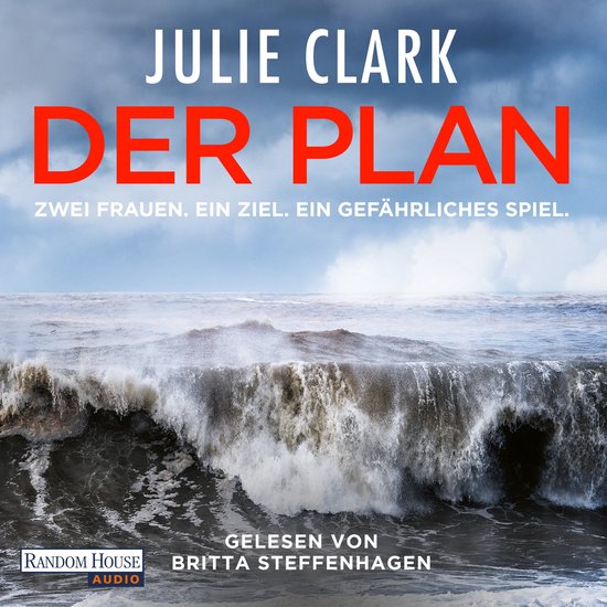 Boekcover voor 'Der Plan' van Julie Clark, met de titel, ondertitel en 'Gelezen door Britta Steffenhagen' op een foto van een woeste zee met hoge golven.