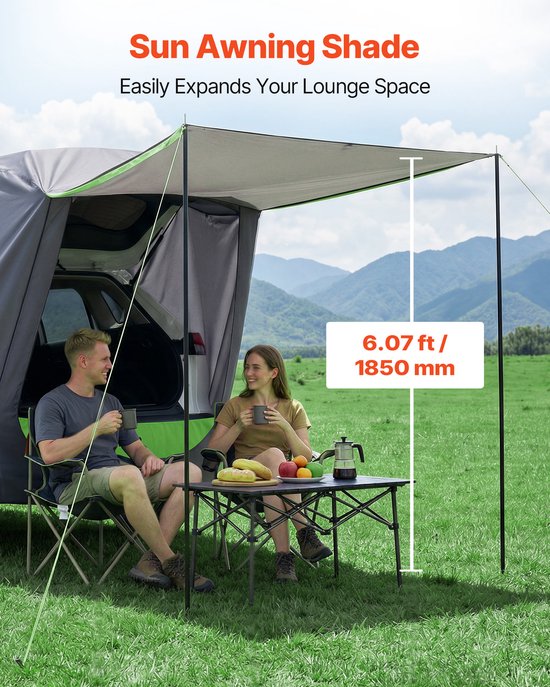 VEVOR Achterklep Autotent (1,5 X 1,5 M Hoofdtent), Waterdicht (Pu2000 mm) Kampeertent met Zonnescherm & Draagtas, Achterkleptent voor Suv voor Kamperen, Wandelen En Buitenactiviteiten, Draagbaar van Vevor — afbeelding 3