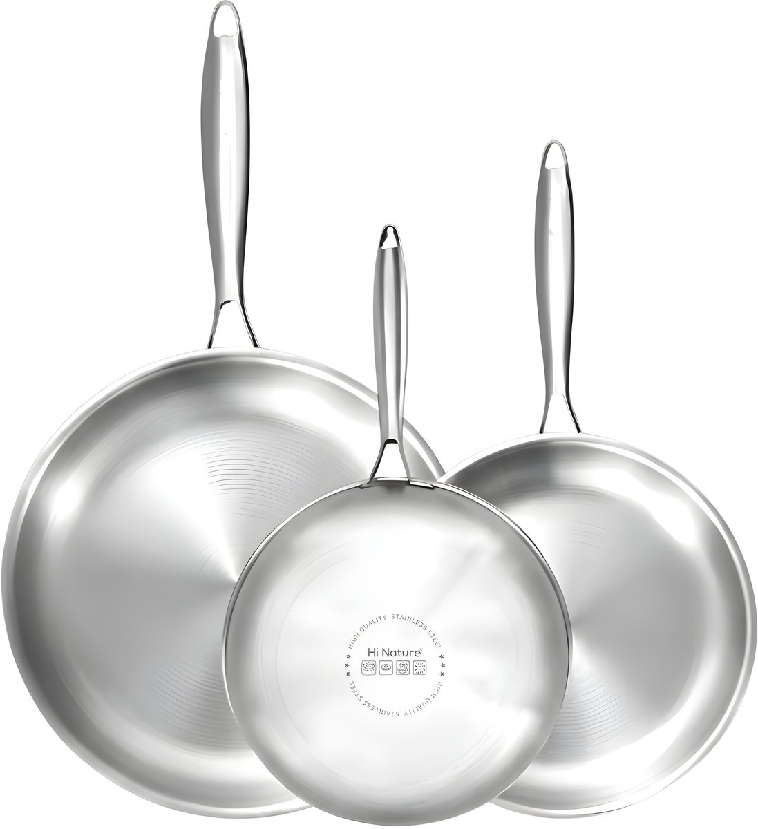 HI NATURE™ Koekenpannenset - Pannenset van 3 - Koekenpan 3-Delig - RVS - Ø 20/24/28 cm - Anti-aanbaklaag - Inductie & Alle Warmtebronnen - Roestvrij Staal - Zilver