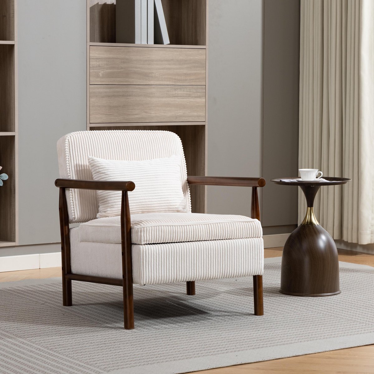 KOMHTOM BLACKCOLORS 1806, fauteuil, moderne middeleeuwse bijzetstoel met houten frame, gestoffeerde fauteuil voor de woonkamer met lendensteunkussen, leesstoel voor de slaapkamer en de wintertuin Wit