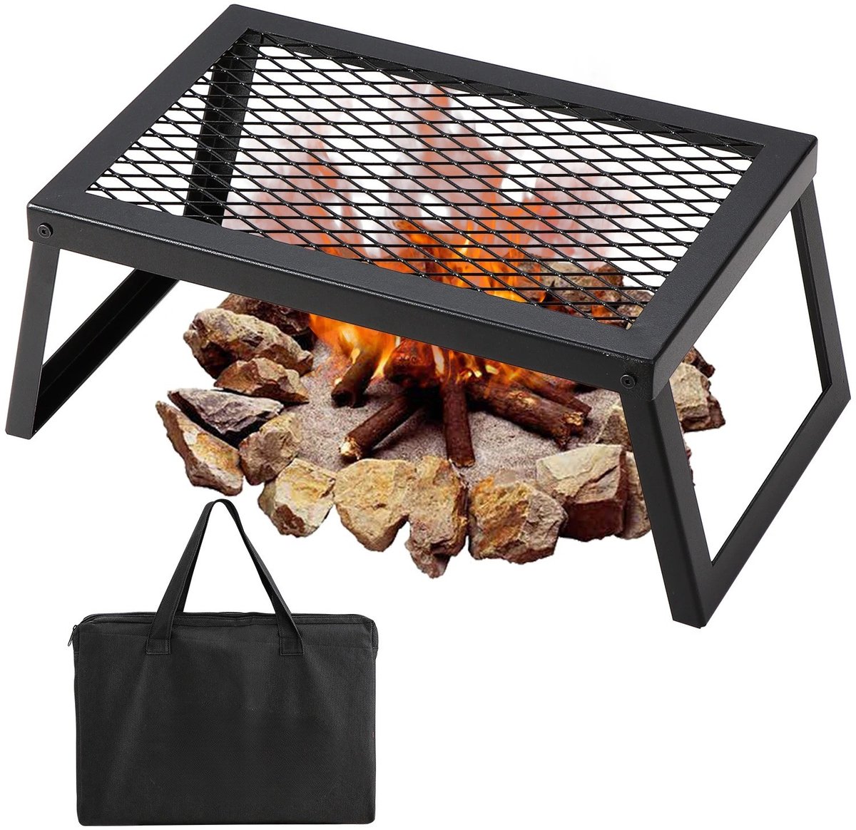 DoneMore® - kampvuur grill - barbecue rooster - opvouwbaar - draagbaar - hittebestendig staal - zwart - 45,8 x 30,5 x 20,5 cm - 2,8 kg
