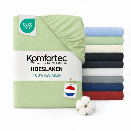 Drap-housse vert clair en jersey stretch certifié OEKO-TEX, 100% coton.