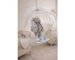 Geboorteballon Transparant 38 cm met Knuffel Konijn – Gepersonaliseerd met Naam & Tekst – Luxe Cadeau Baby Geboorte ballon, Kraamcadeau Jongen & Meisje