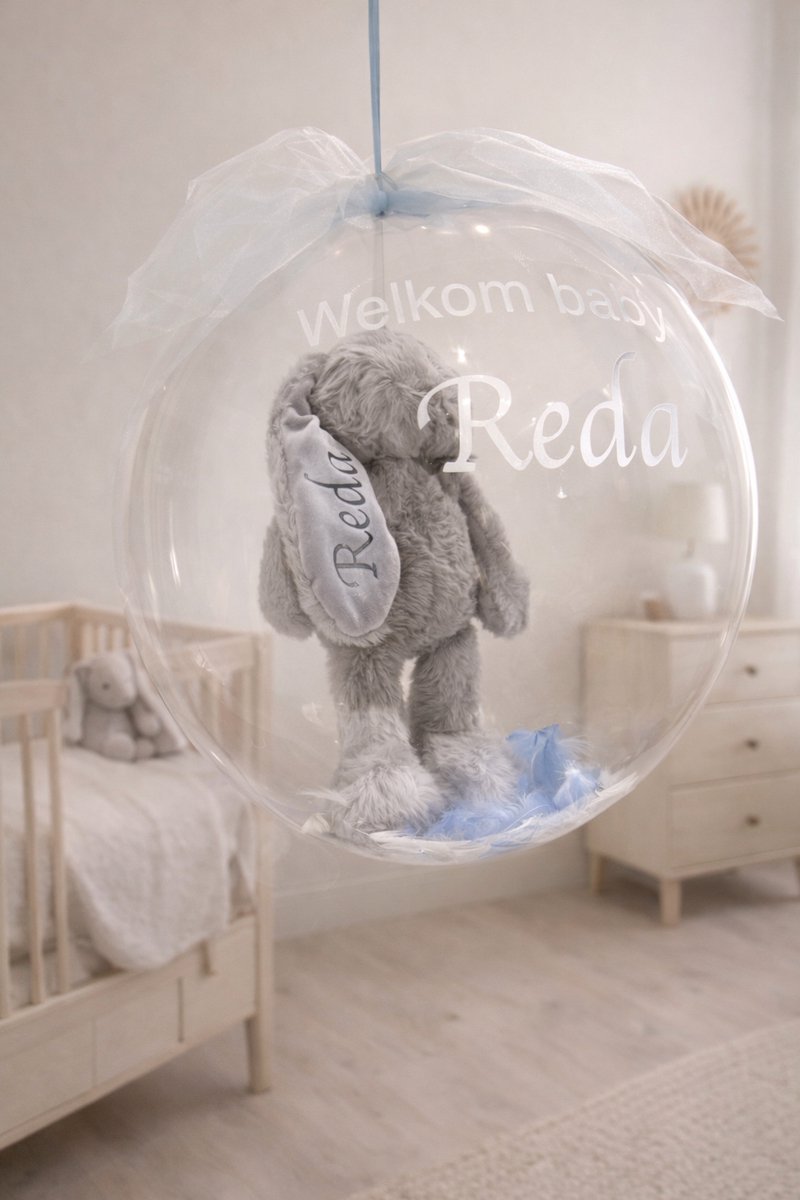Geboorteballon Transparant 38 cm met Knuffel Konijn – Gepersonaliseerd met Naam & Tekst – Luxe Cadeau Baby Geboorte ballon, Kraamcadeau Jongen & Meisje