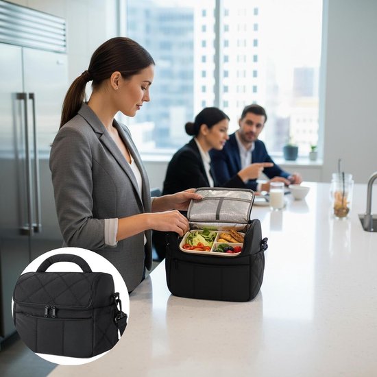 Dames Geïsoleerde Lunchtas Gestikte Koeltas Zacht Lekdicht Voor Werk Picknick En Reizen Multifunctionele Draagbare Boodschappentas Zwart van Merkloos — afbeelding 3