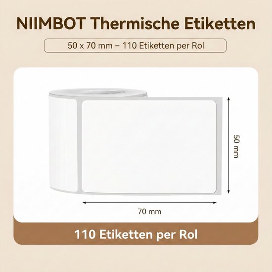 Diagram van NIIMBOT thermische etiketten, 50mm x 70mm, 110 etiketten per rol.