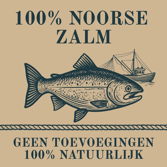 Illustratie van een grote Atlantische zalm met een vissersboot op de achtergrond. Tekst: 100% Noorse zalm. Geen toevoegingen, 100% natuurlijk.