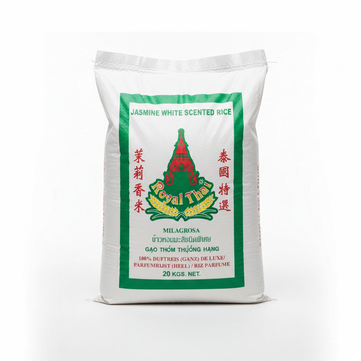 Royal Thai Jasmine Rijst: Premium Langkorrelige Geparfumeerde Jasmijnrijst - Grootverpakking 20 kg met Kajal Sticker