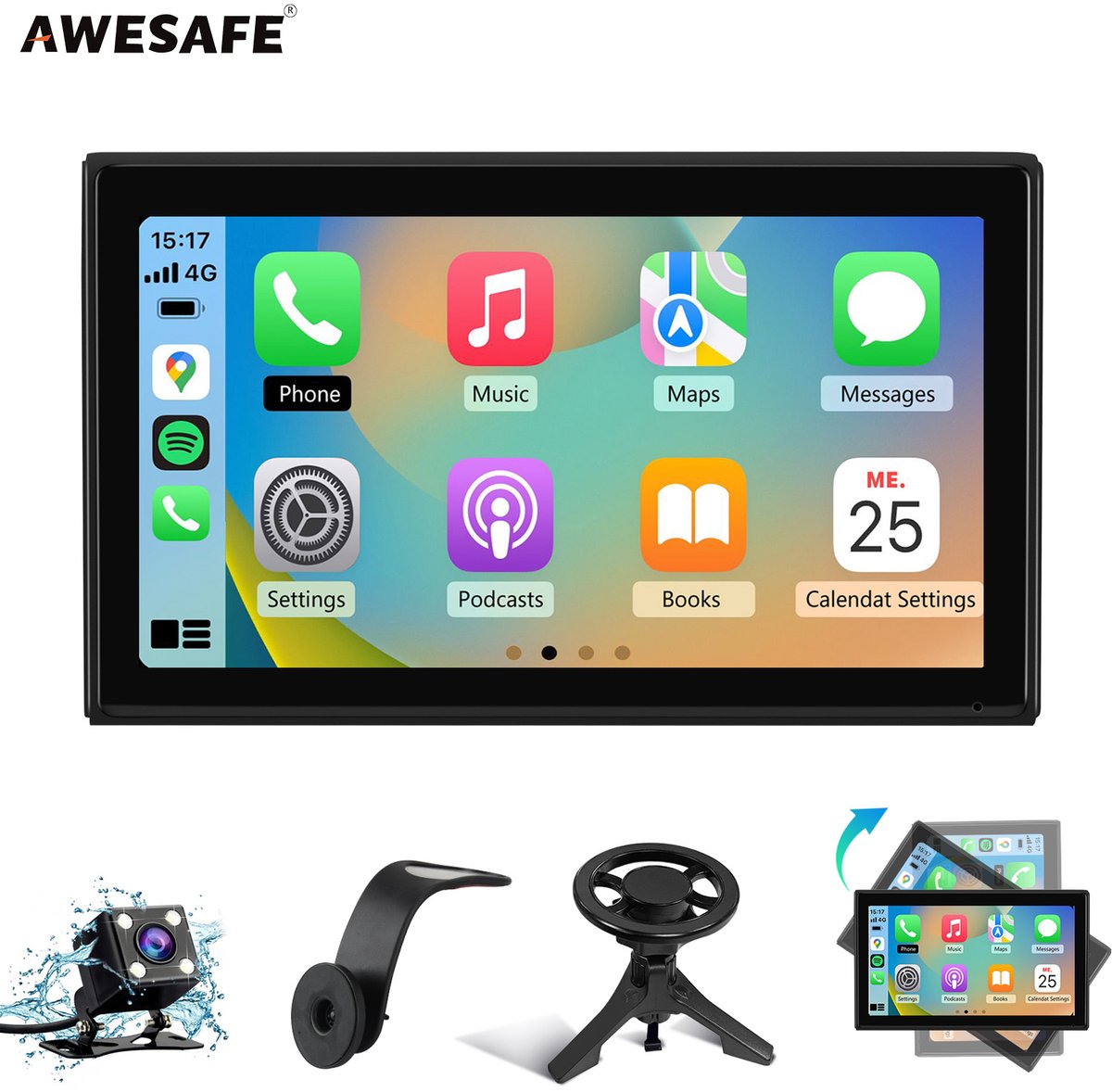 Awesafe Carplay Scherm - 9 Inch Universeel autoradio - Draadloos Android Auto - Autonavigatie - HD Achteruitrijcamera - Touchscreen