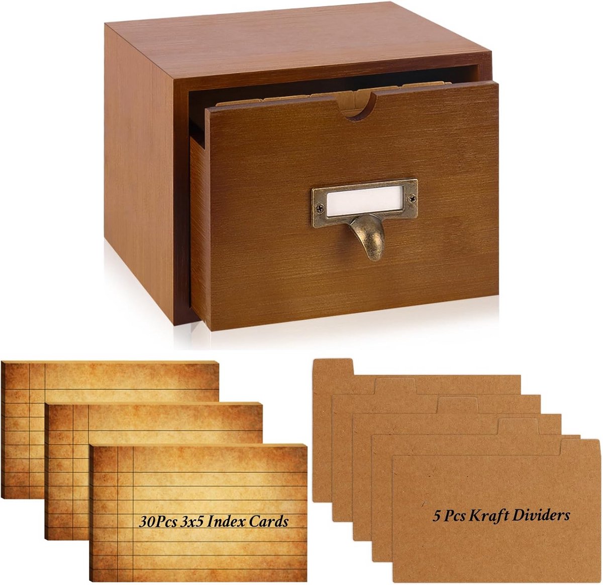 Houten Indexkaartenhouder 3x5 met Lade en Verdelers