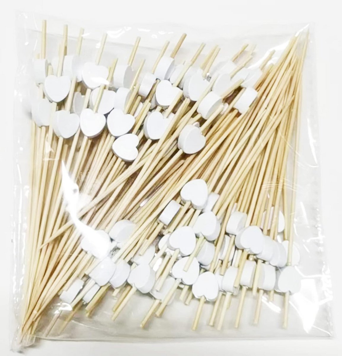 100 Houten Cocktailprikkers met Witte Hartjes voor Feestjes en Hapjes