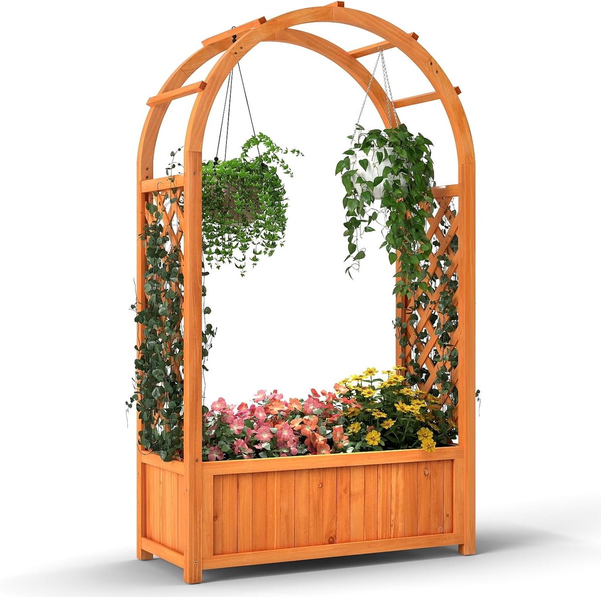 KOMFOTTEU Verhoogd bloembed met rankrooster, bloembak met boogpergola en afvoergaten, plantenbak, tuinbed, klimhulp voor tuin en balkon