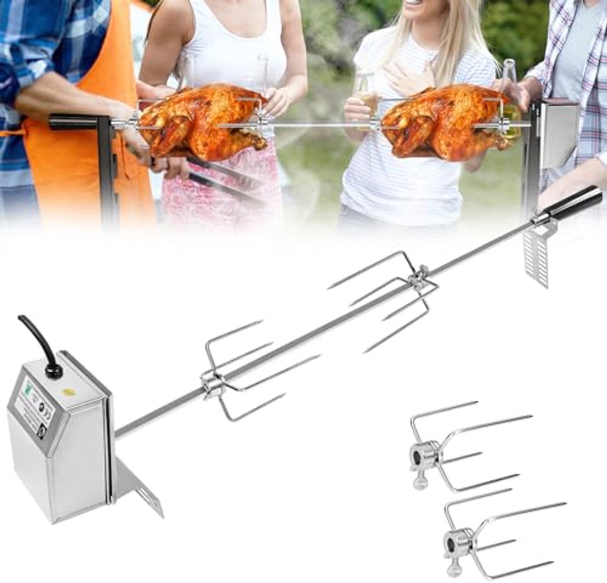 Aufun Rotisserie set - Elektrisch 220-240V - 2 spiesen - 107 cm - Roestvrijstalen motor - Voor gasbarbecue - Geschikt voor reizen en kamperen