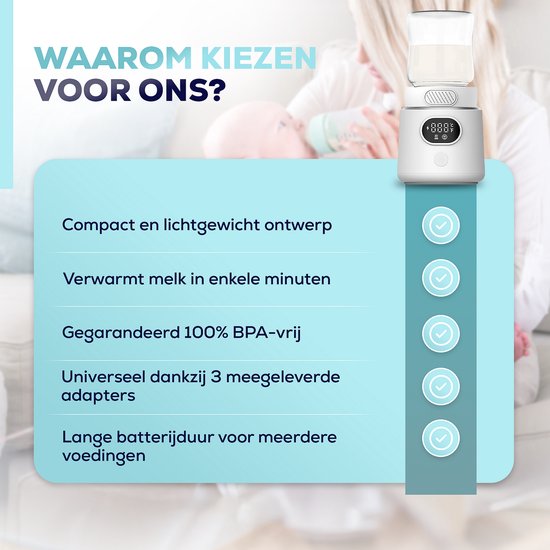 Draagbare Flessenwarmer - Snel Opwarmen - BPA Vrij - Temperatuurregeling - Geschikt Voor Alle Babyflessen - 3 Universele Adapters - 4 Standen - Oplaadbaar - USB-C - Voor Onderweg & Thuis van Merkloos — afbeelding 4