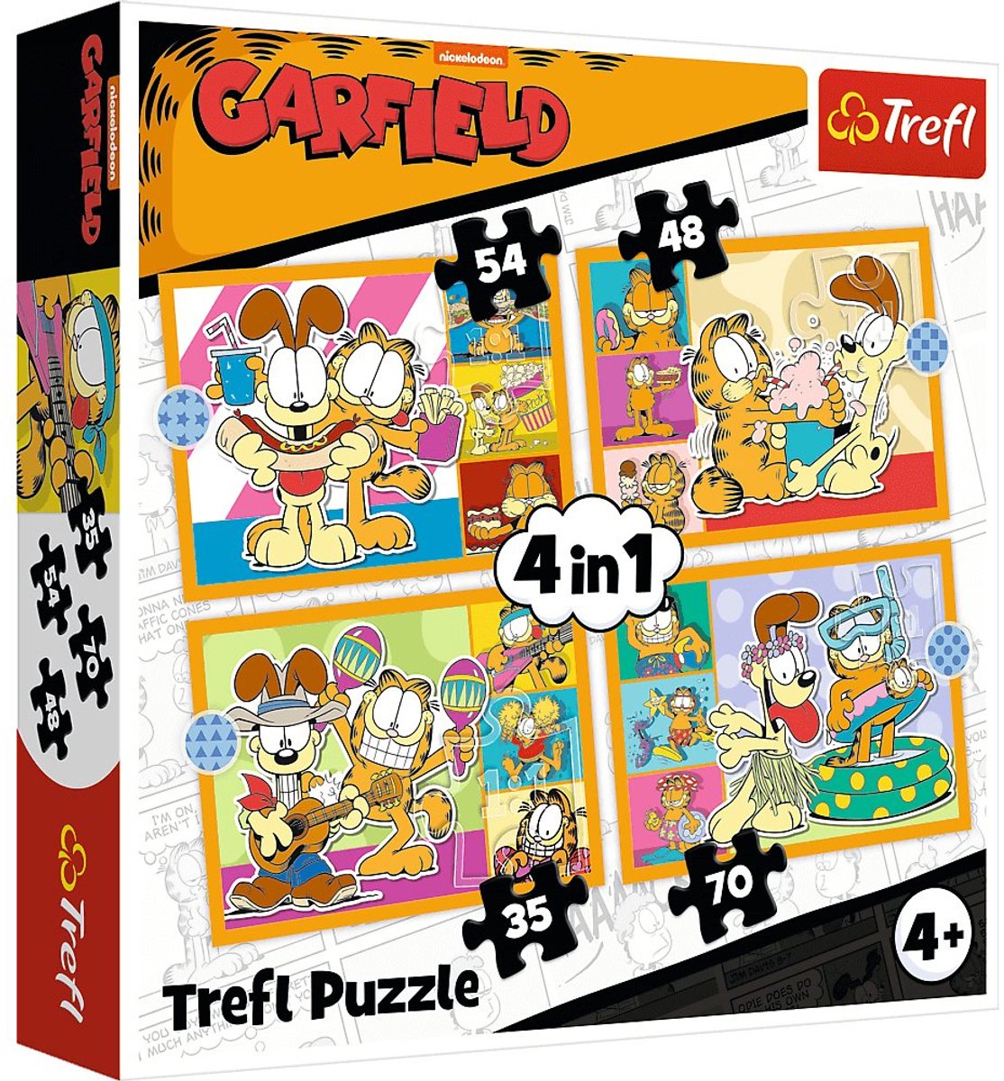 Trefl puzzelset Garfield loves lasagna - 4in1 FSC Mix 70% kinderpuzzel.