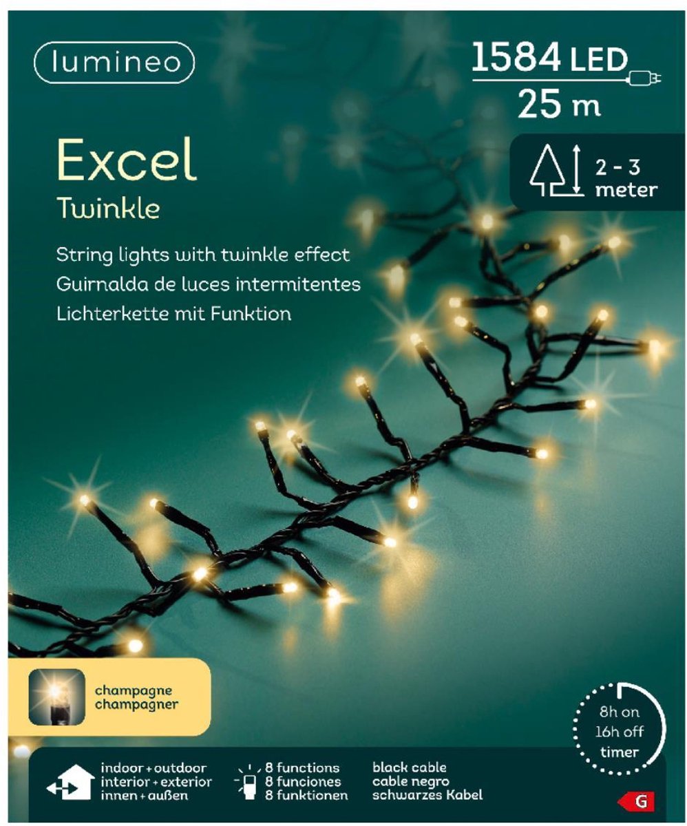 Lumineo kerstverlichting LED twinkel 1584 lampjes 25M champagnekleurig.
