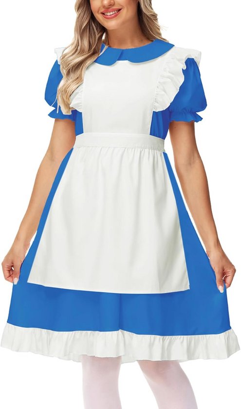 Blauw-wit Alice-jurkje met schort en ruches. Vrouw houdt zoom jurk vast.