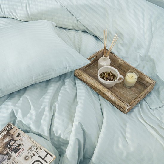 Boraboi ® Stijlvol en Modern Katoen-Satijnen 200x220 cm Luxe Dekbedovertrekset – Tweepersoons –Muntgroen, Gestreept (4-delig)