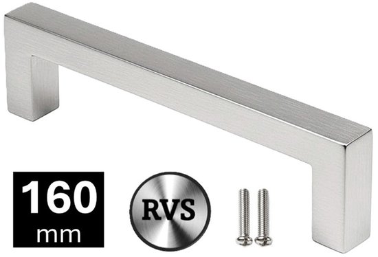 Zilverkleurige vierkante kastgreep van 160 mm met schroeven, RVS-logo.